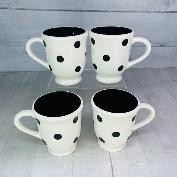 Coastline Imports White Black Polka Dots Earthenware Footed 15oz Cups Mugs Set 4 - Picture 2 of 16